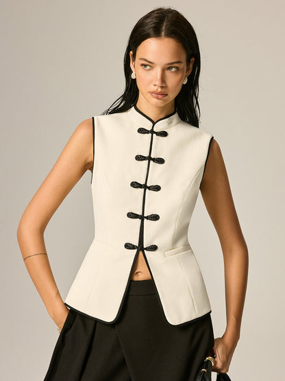 Frog Button Contrast Trim Textured Vest