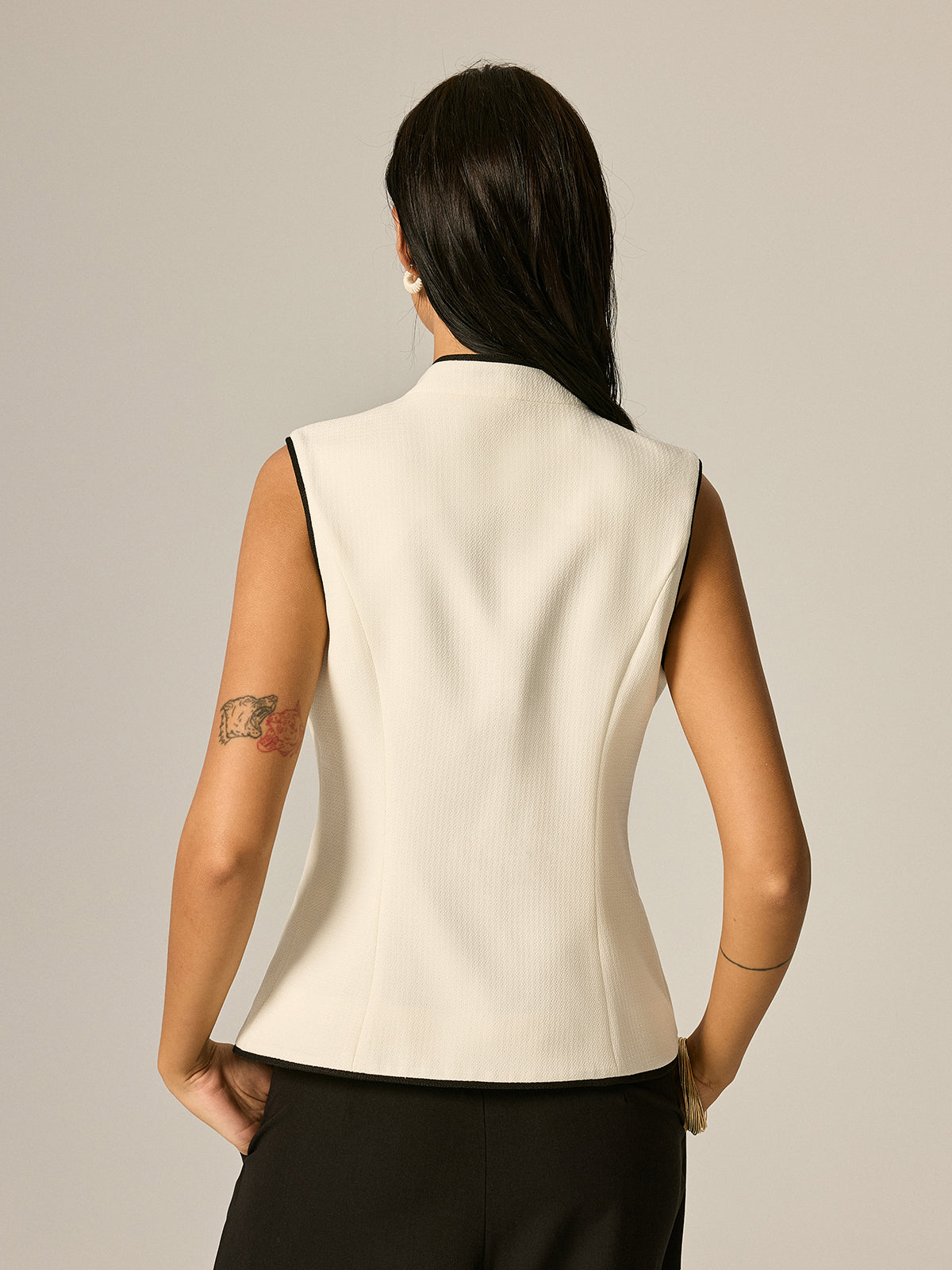 Frog Button Contrast Trim Textured Vest