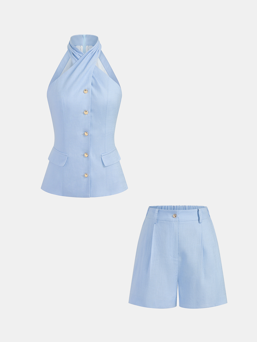 Tencel Blend Halter Buttoned Vest & Shorts Set