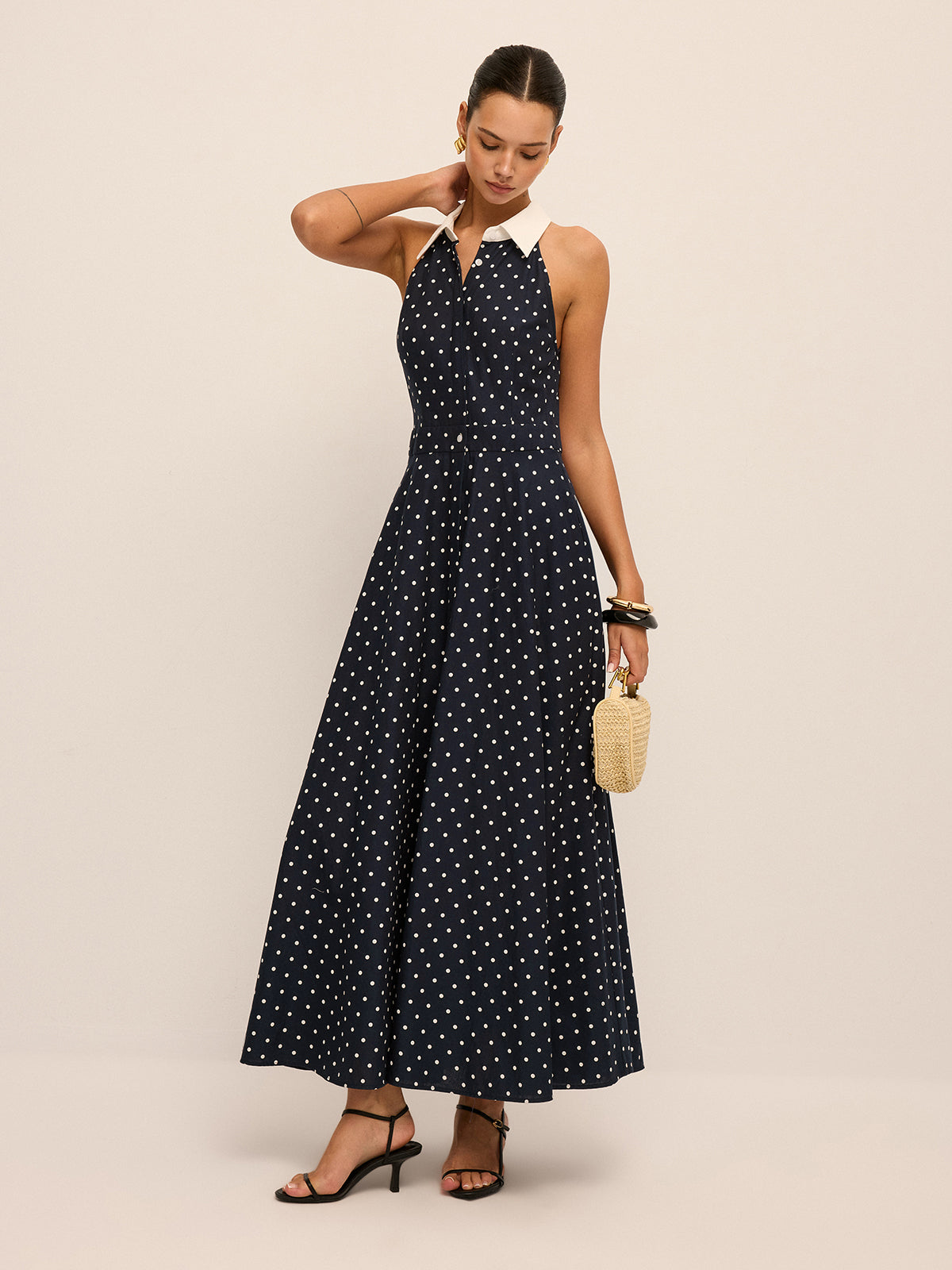 Polka Dot Contrast Collar Cotton Linen Dress
