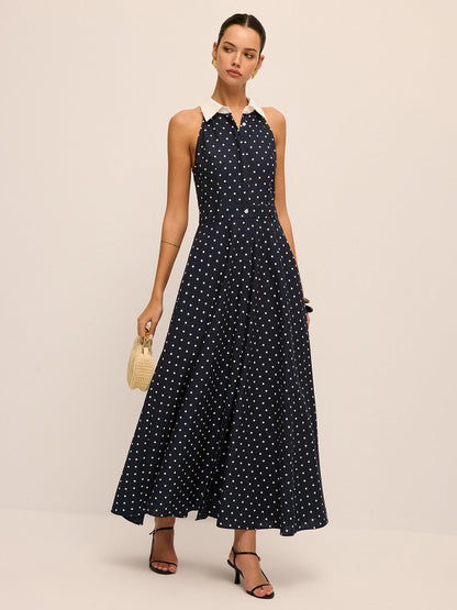 Polka Dot Contrast Collar Cotton Linen Dress