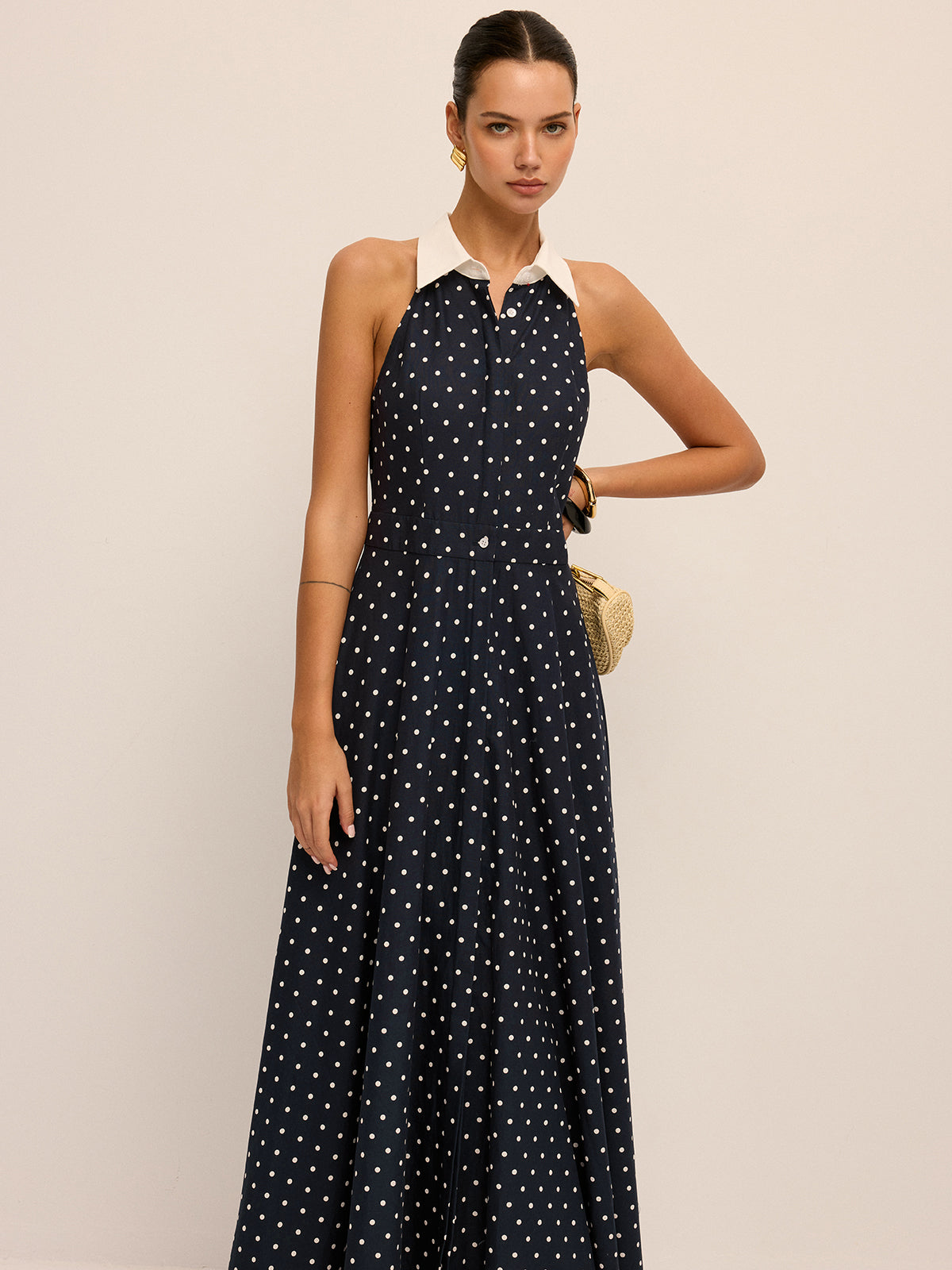 Polka Dot Contrast Collar Cotton Linen Dress