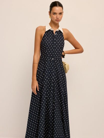 Polka Dot Contrast Collar Cotton Linen Dress