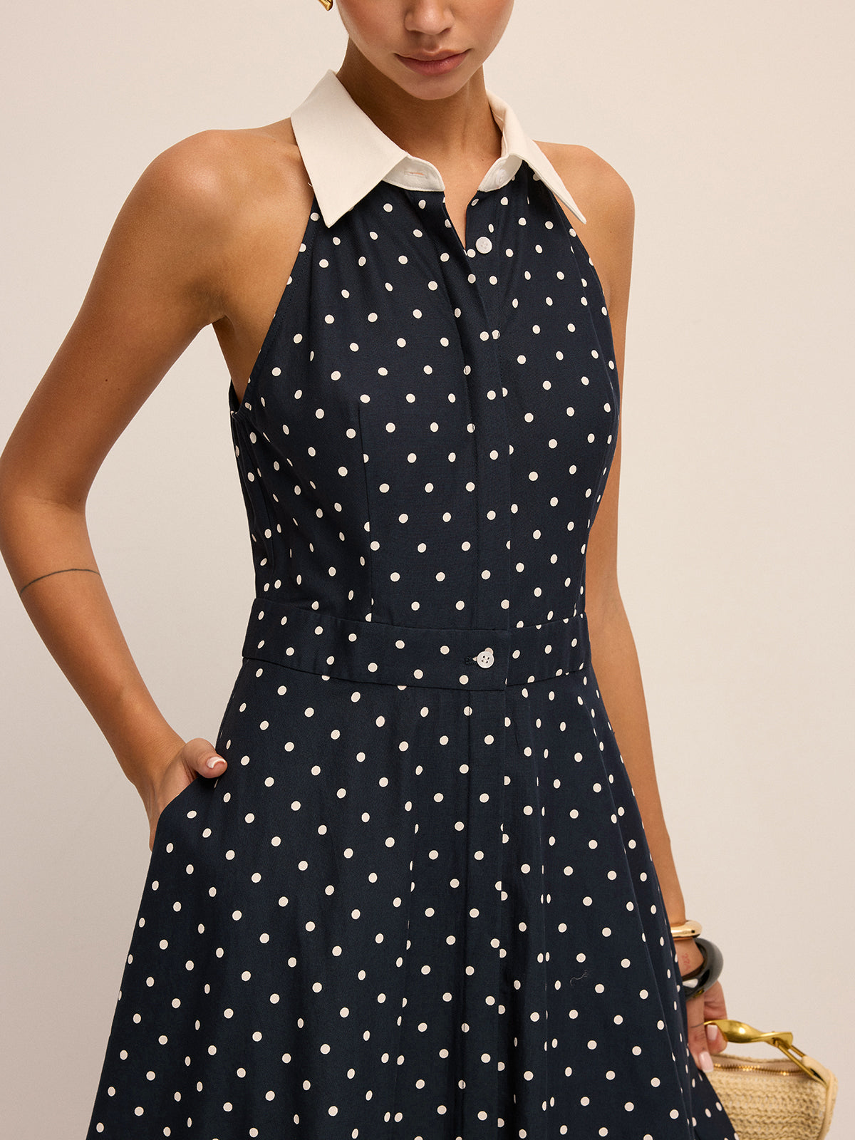 Polka Dot Contrast Collar Cotton Linen Dress