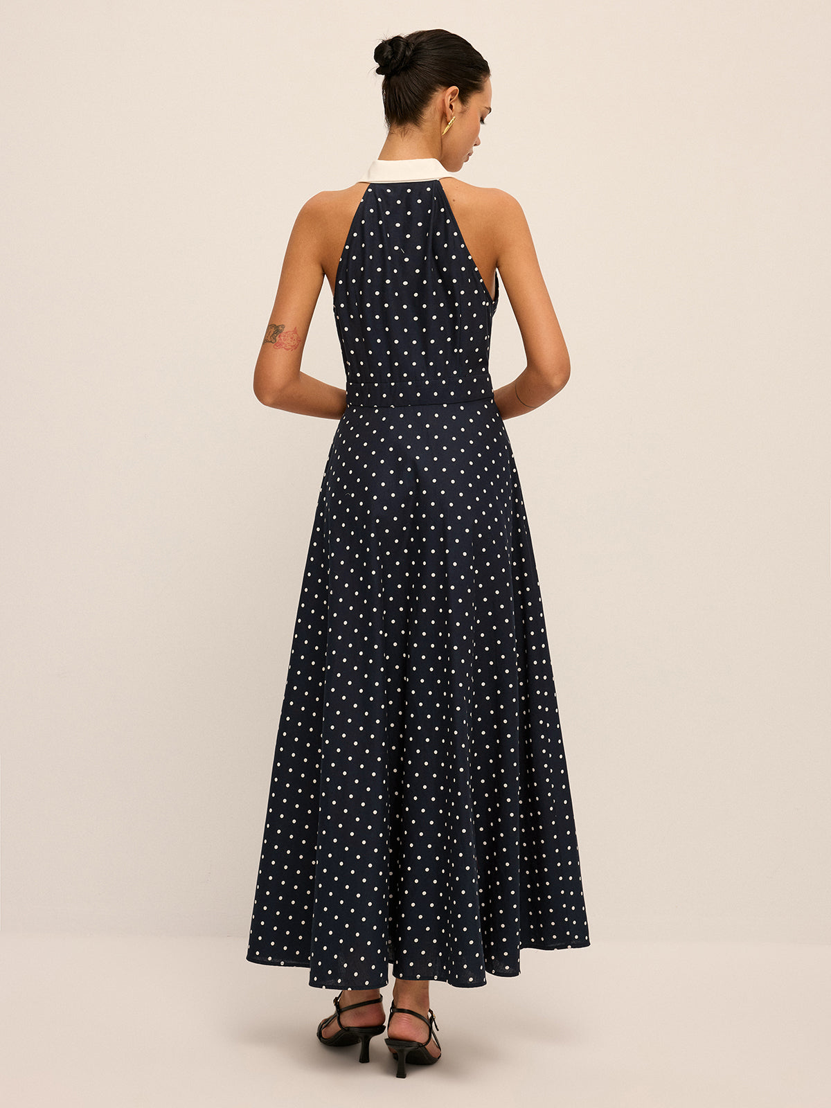 Polka Dot Contrast Collar Cotton Linen Dress