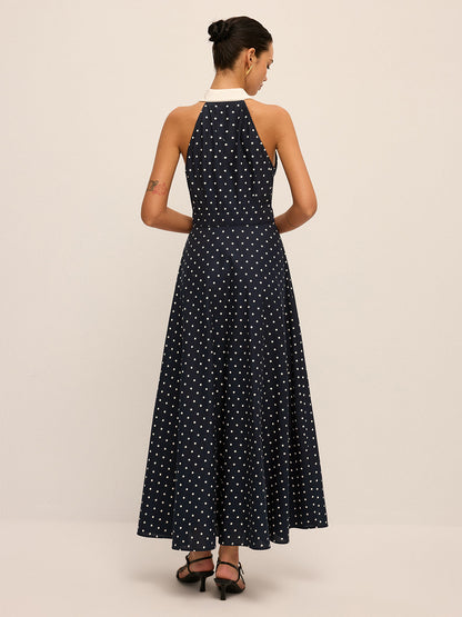 Polka Dot Contrast Collar Cotton Linen Dress