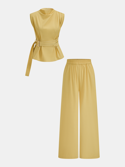 Belted Sleeveless Top & Elastic Waist Pants Set