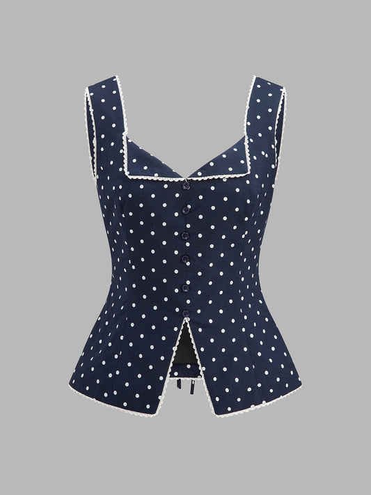 Polka Dot Lace Trim Button Front Vest