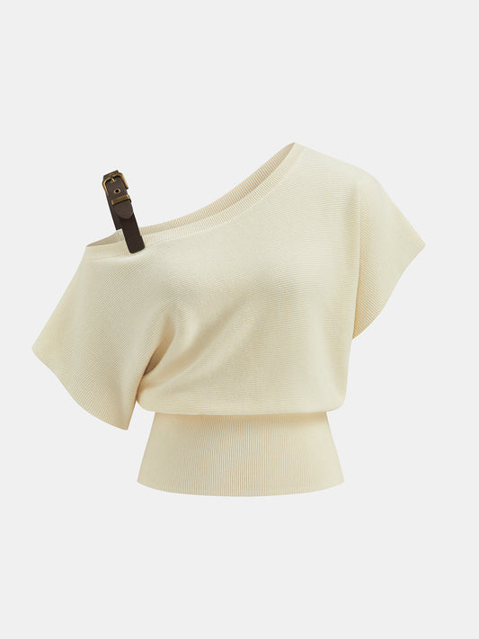 Buckle Strap Off Shoulder Ribbed Knit Top