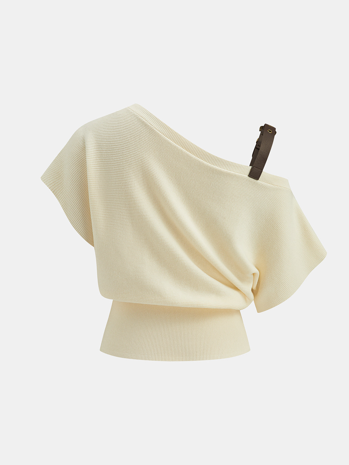 Buckle Strap Off Shoulder Ribbed Knit Top