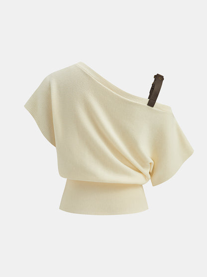 Buckle Strap Off Shoulder Ribbed Knit Top