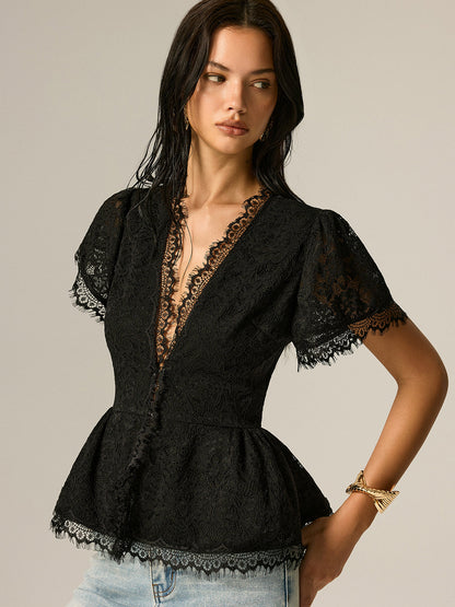 V-Neck Fringe Lace Peplum Short Sleeve Top