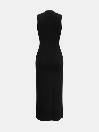 High Neck Floral Applique Knit Maxi Dress