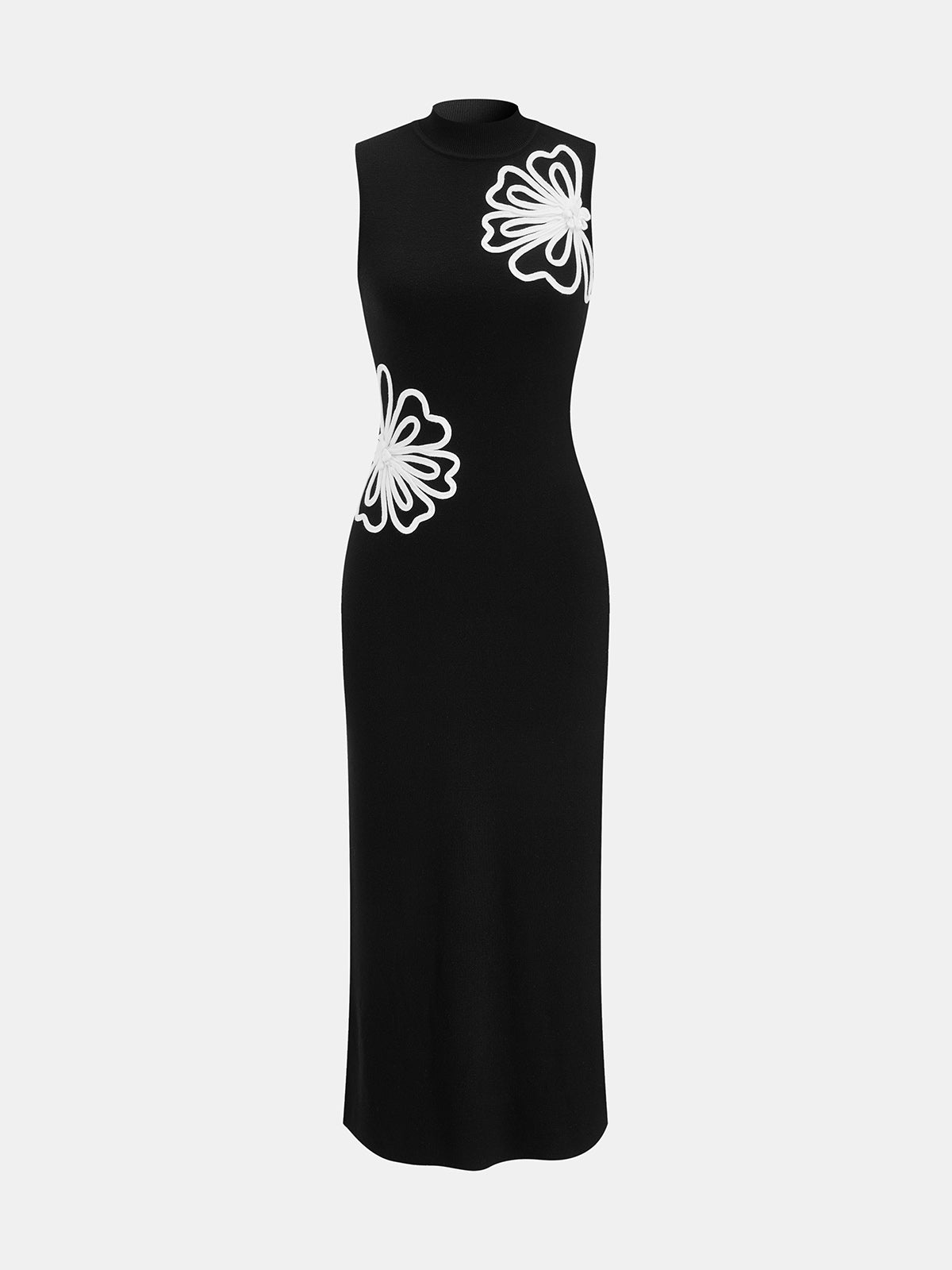 High Neck Floral Applique Knit Maxi Dress