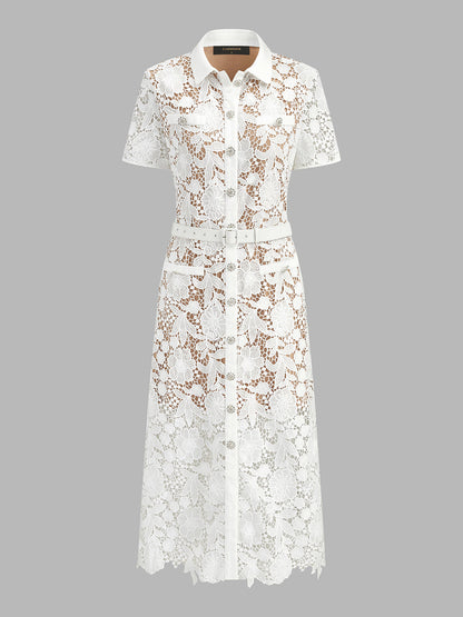 Belted Guipure Lace Shirt Midi Dress