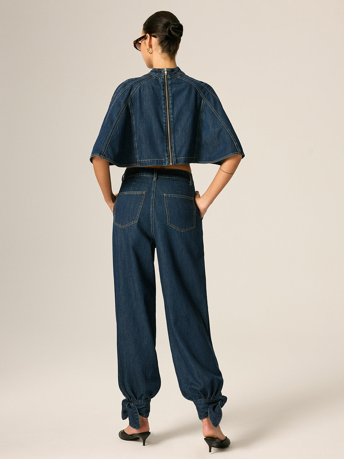 Mid Waist Tie Cuff Denim Pants