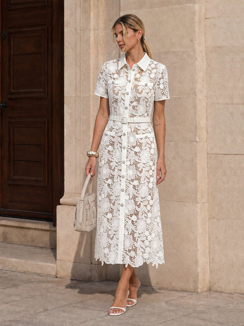 Belted Guipure Lace Shirt Midi Dress