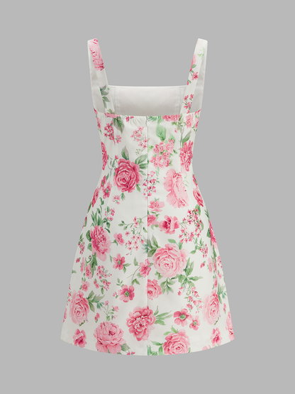 Square Neck Rose Print Slip Mini Dress
