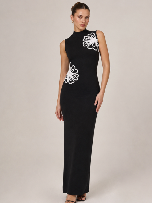 High Neck Floral Applique Knit Maxi Dress
