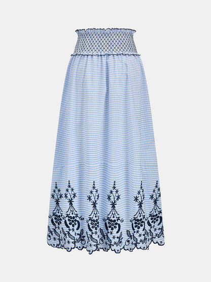 Smocked Waist Grid Embroidered Maxi Skirt