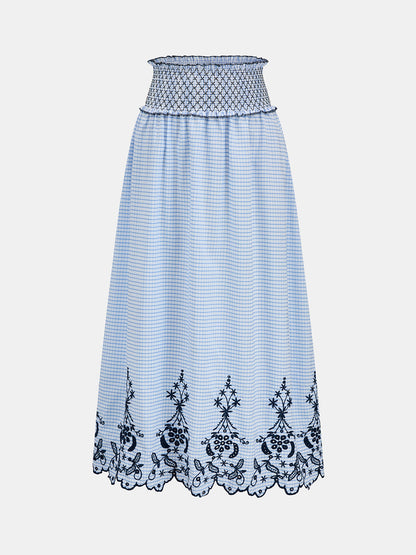 Smocked Waist Grid Embroidered Maxi Skirt