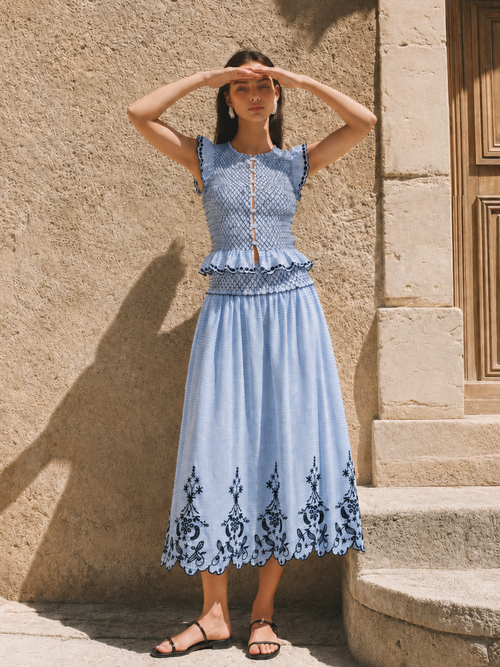 Smocked Waist Grid Embroidered Maxi Skirt