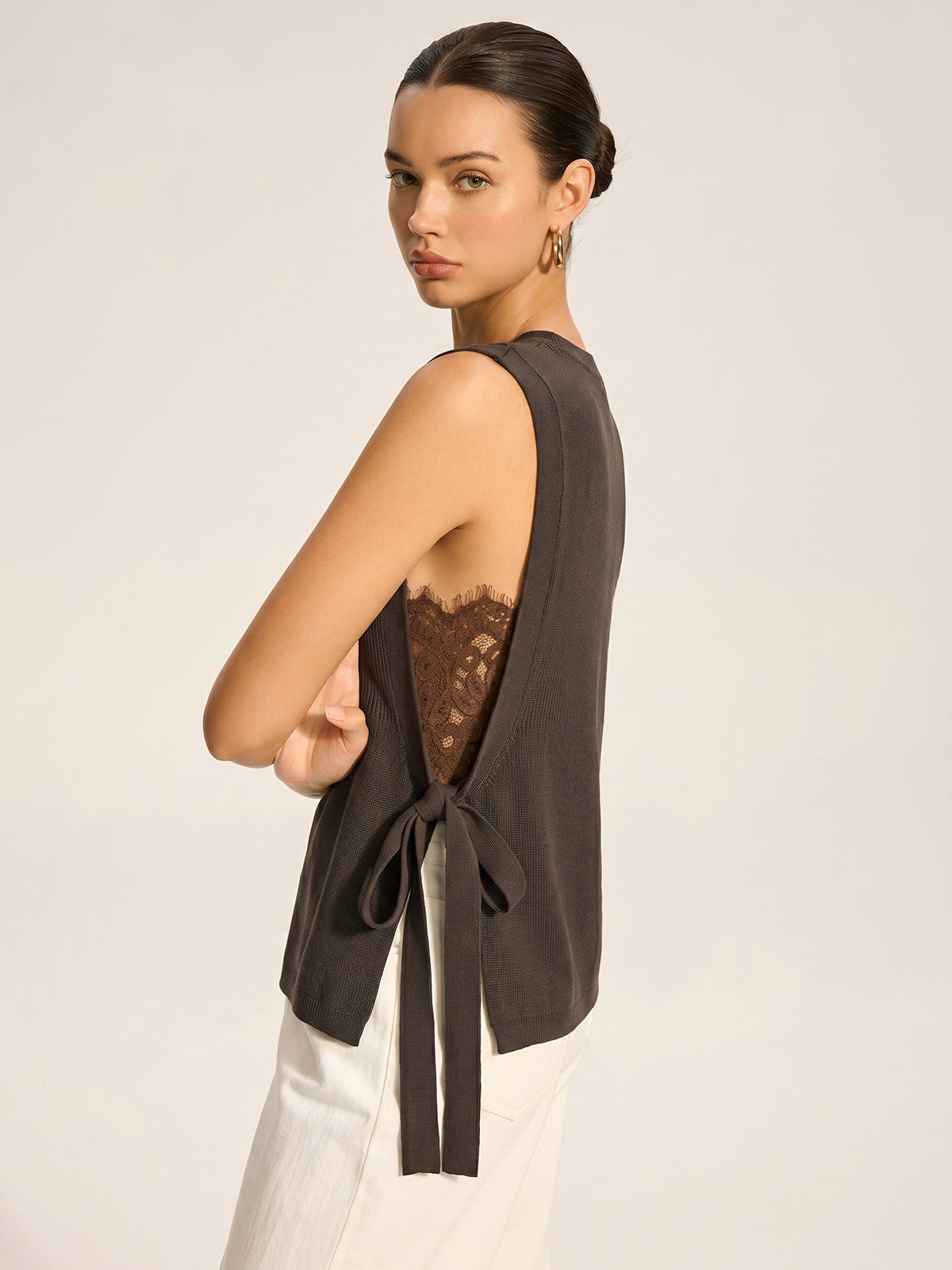 Side Tie Lace Panel Knit Sleeveless Vest