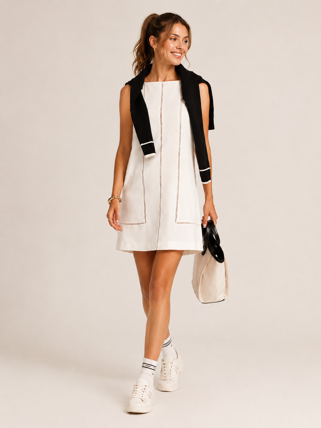 Lace Inset Sleeveless Cotton Linen Shift Dress