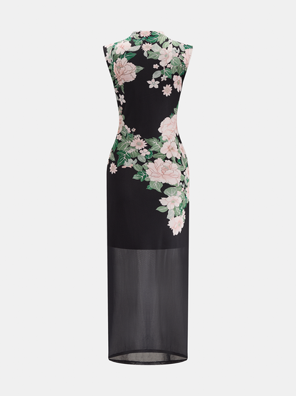 Floral Print Mandarin Collar Keyhole Dress