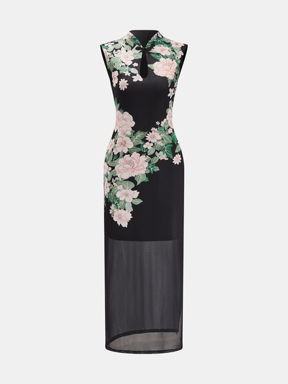 Floral Print Mandarin Collar Keyhole Dress