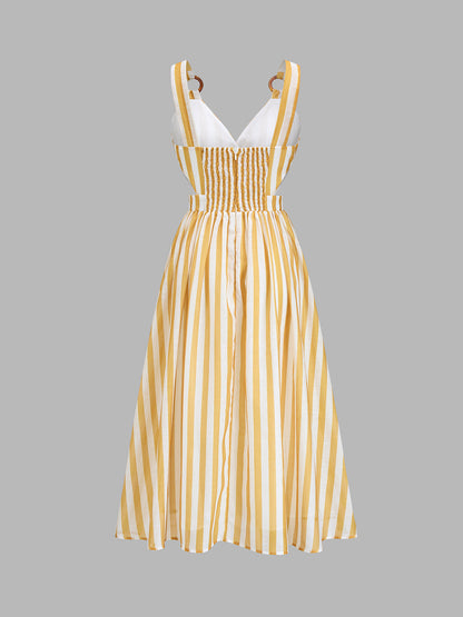 Ring Strap Striped Cutout Midi Dress