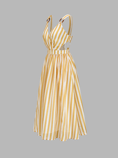 Ring Strap Striped Cutout Midi Dress