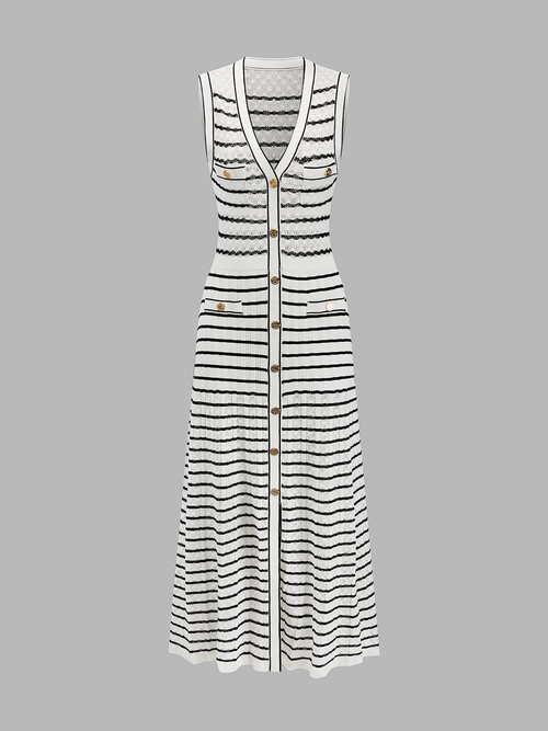 Striped Button-Front Knit Midi Dress