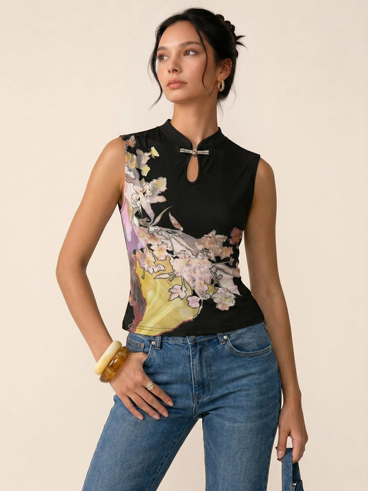 Keyhole Metal Buckle Floral Print Mesh Top