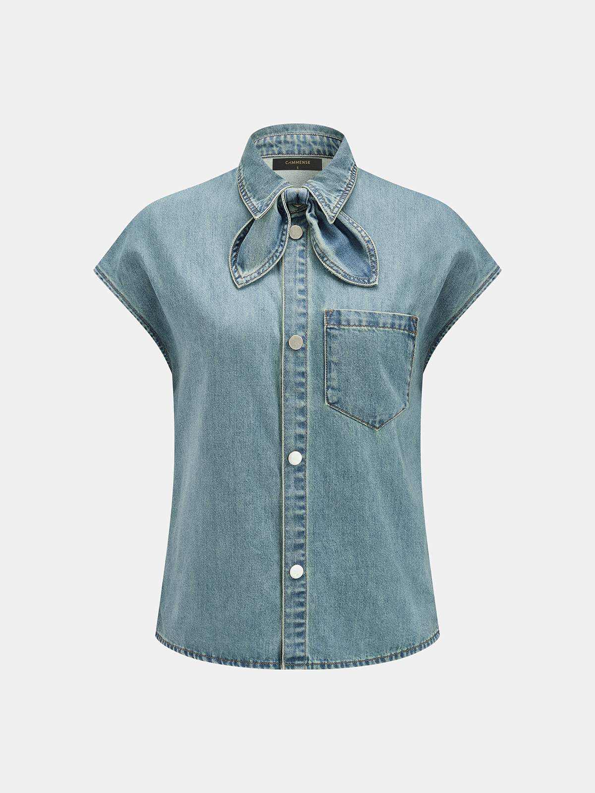 Denim Bow Tie Blouse & Shorts Set