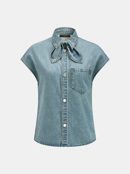 Denim Bow Tie Blouse & Shorts Set