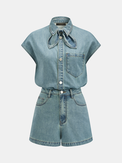 Denim Bow Tie Blouse & Shorts Set