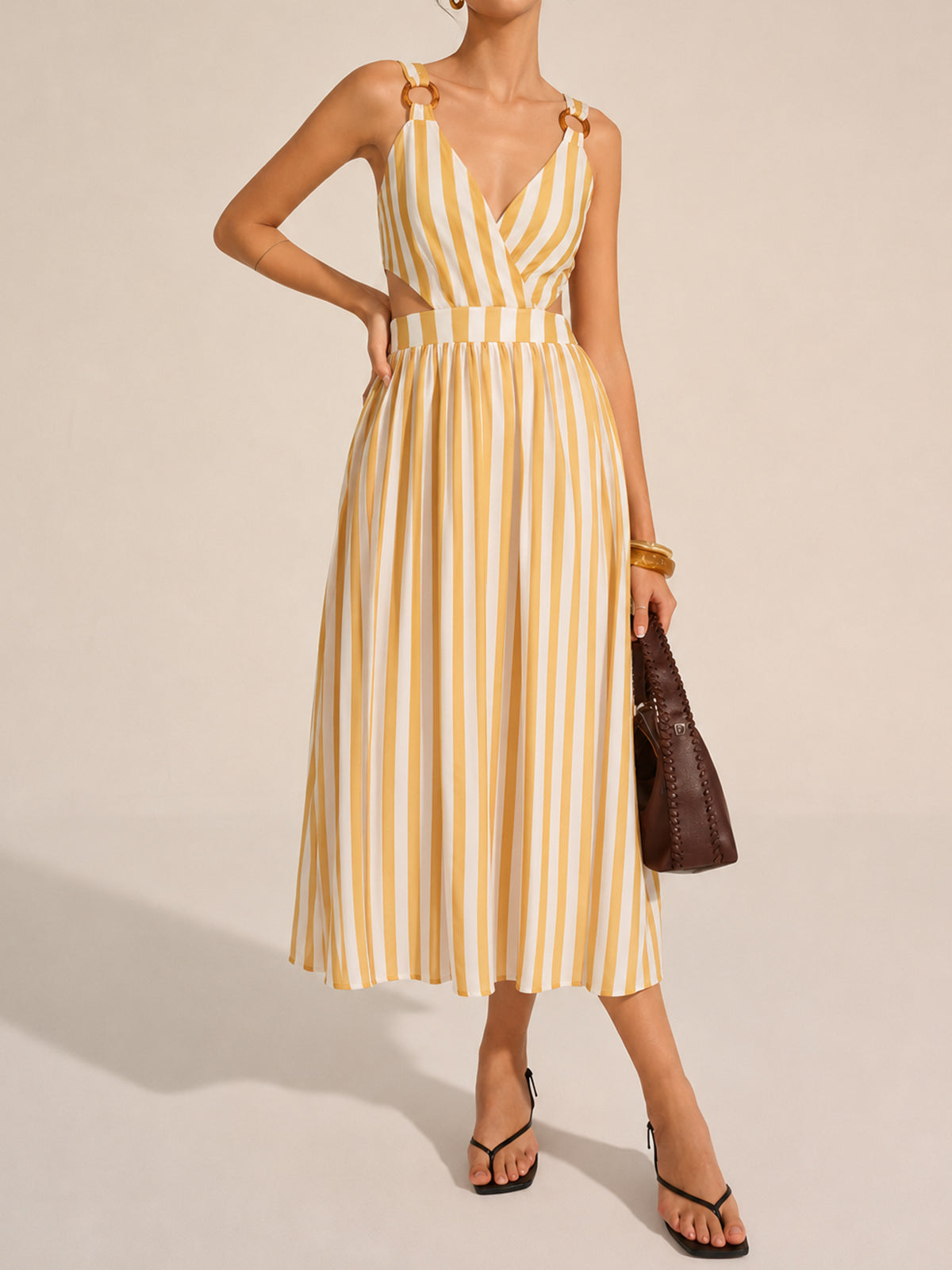 Ring Strap Striped Cutout Midi Dress