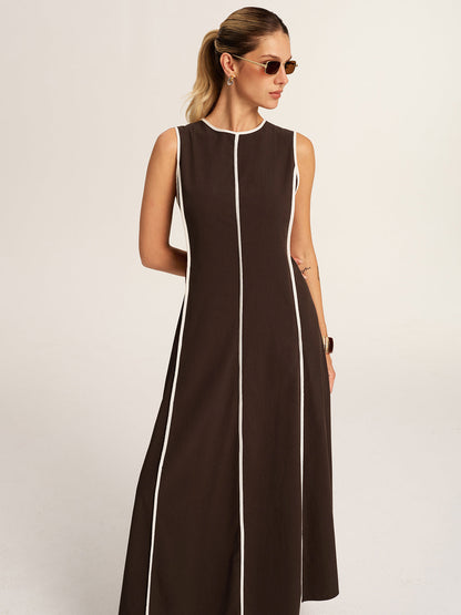 Contrast Piping A-Line Maxi Dress