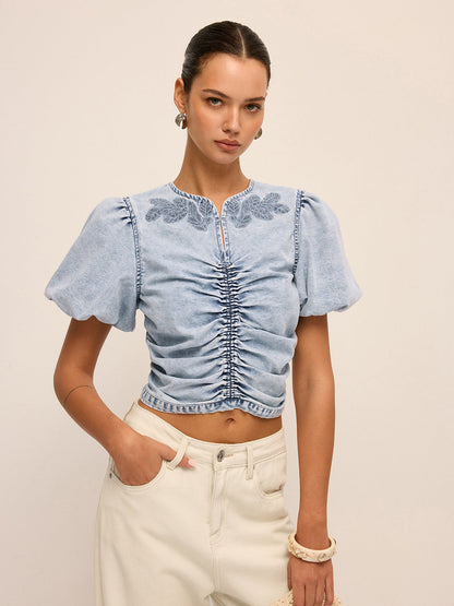 Ruched Puff Sleeve Embroidered Denim Top