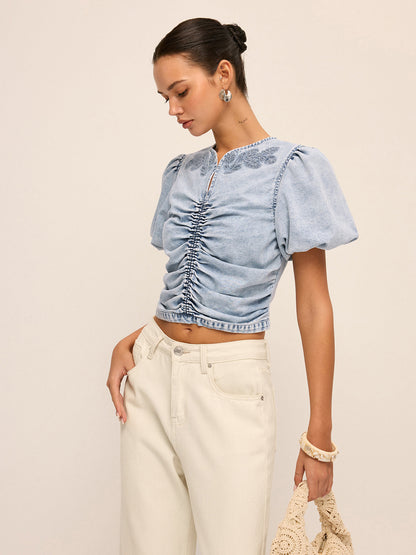 Ruched Puff Sleeve Embroidered Denim Top