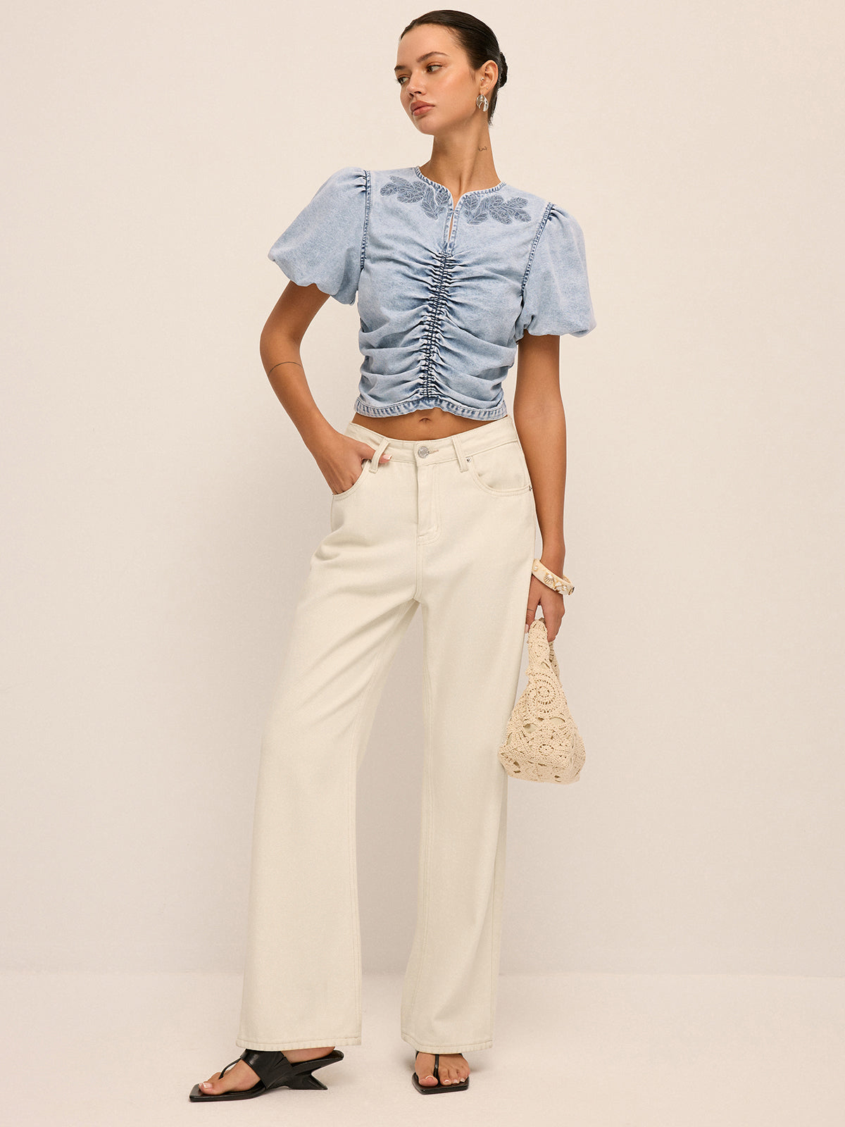 Ruched Puff Sleeve Embroidered Denim Top