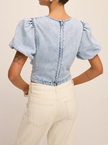 Ruched Puff Sleeve Embroidered Denim Top