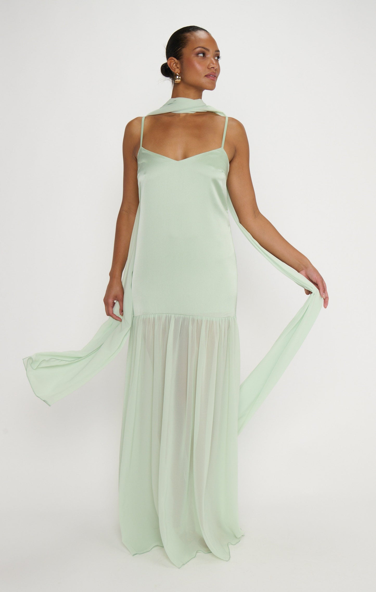 Dalia Maxi Dress ~ Pistachio Luxe Satin