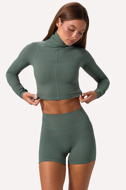 Soft Active Turtleneck Crop Top in Khaki
