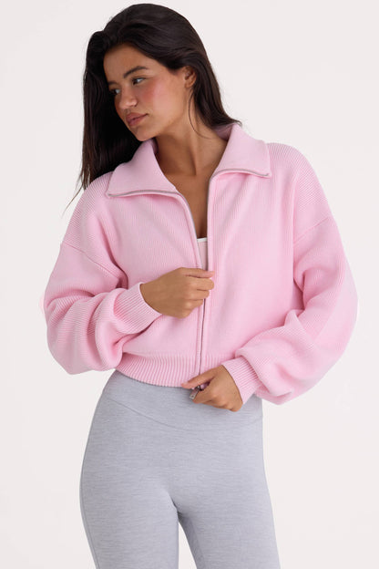 Ribbed Knit Zip-Up Cropped Sweatshirt in Pale Pink