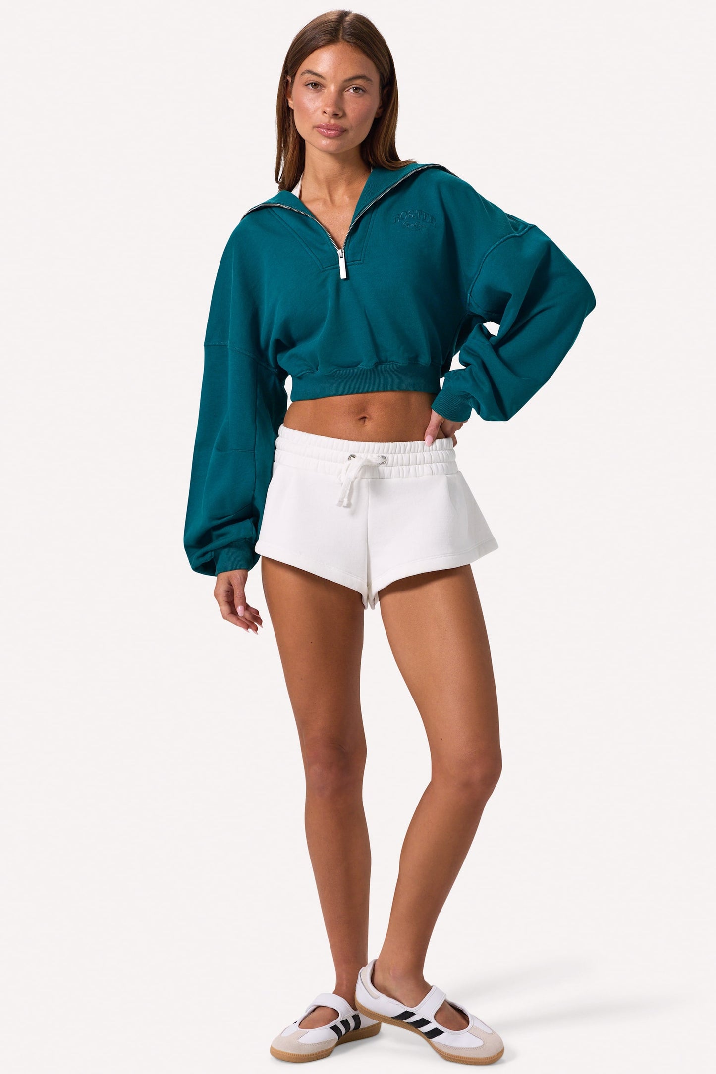 Quarter-Zip Cropped Sweatshirt in Teal