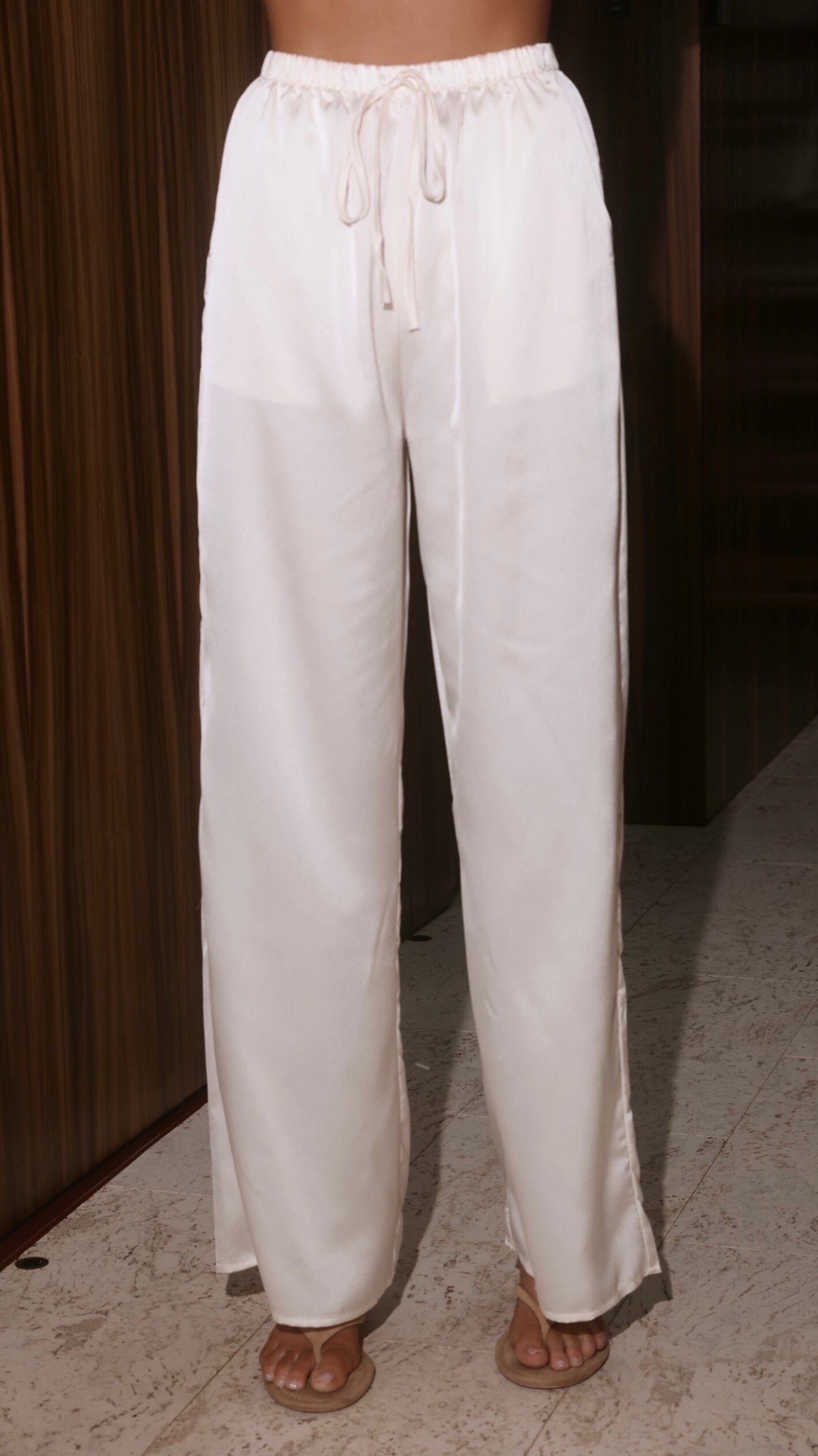 Helaine Off Shoulder Sequin Top and Satin Pants Set - White