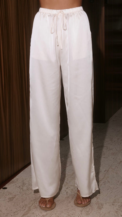 Helaine Off Shoulder Sequin Top and Satin Pants Set - White