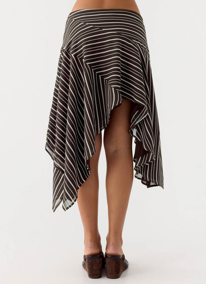 Kia Low Rise Asymmetrical Midi Skirt - Chocolate Stripe